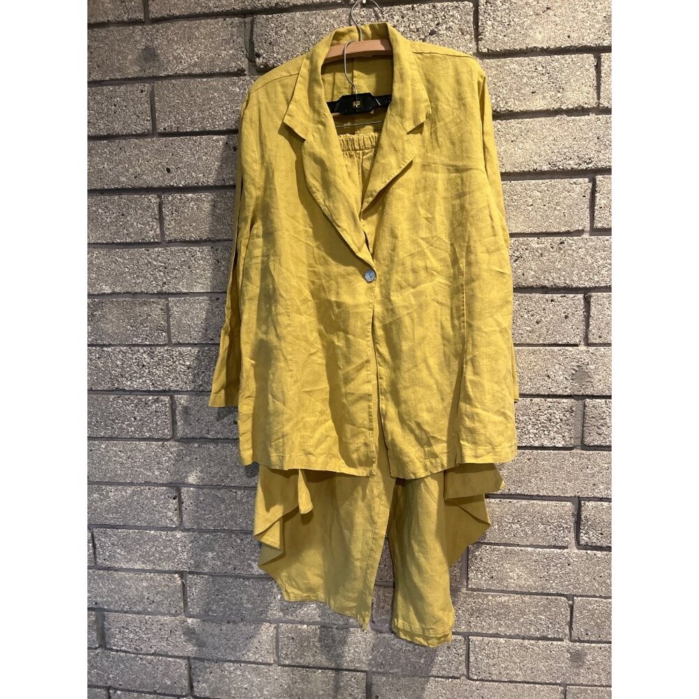 Yellow Linen Blazer & Cropped Pants Two-Piece Set With Asymmetrical Hem Long Sle